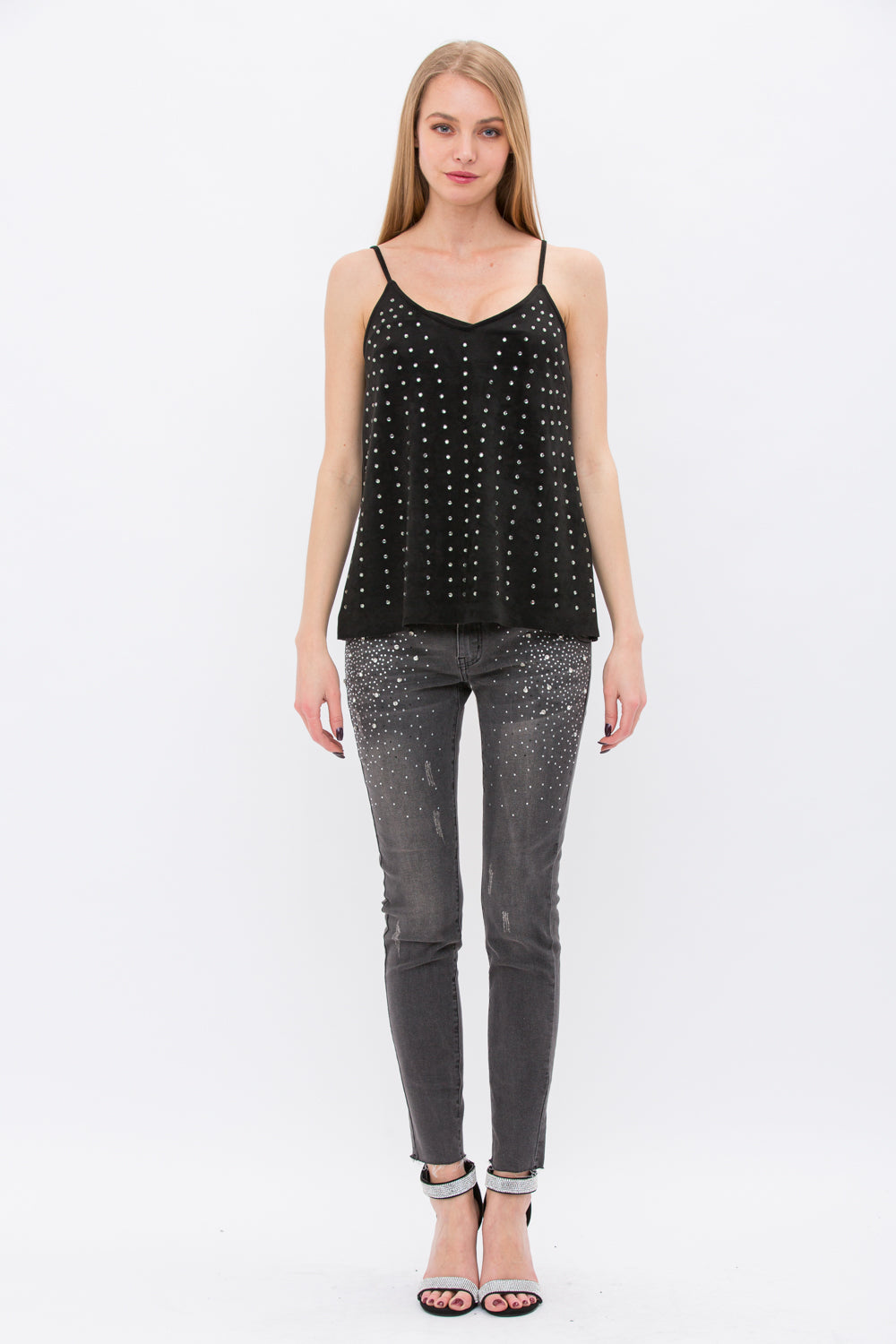Black Crystal Embellished Suede Cami Top
