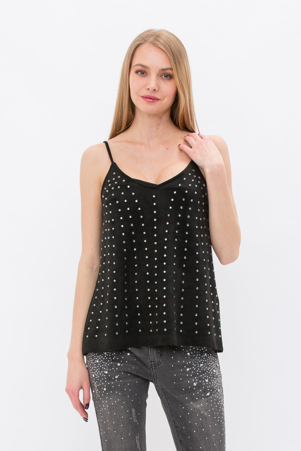 Black Crystal Embellished Suede Cami Top