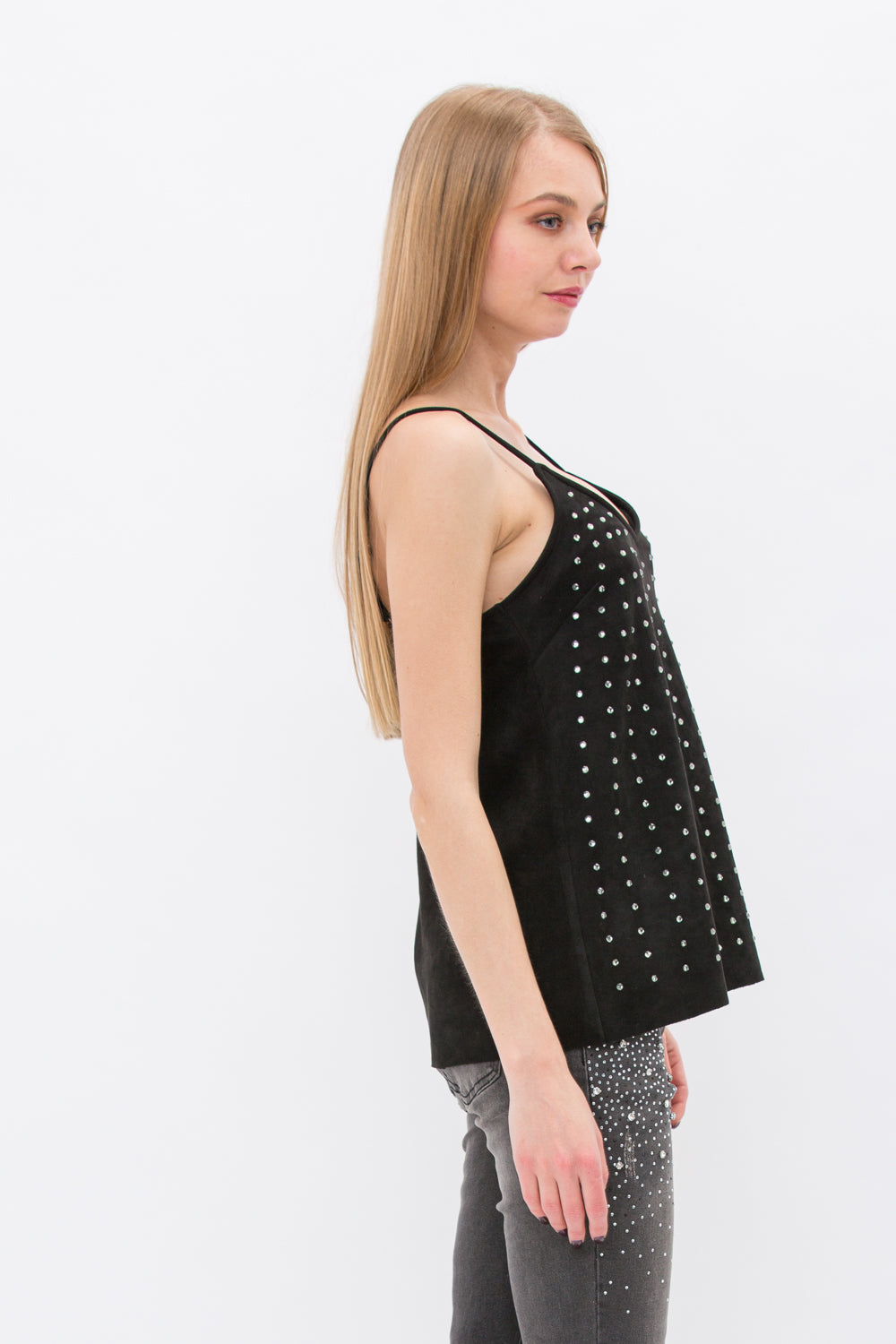 Black Crystal Embellished Suede Cami Top