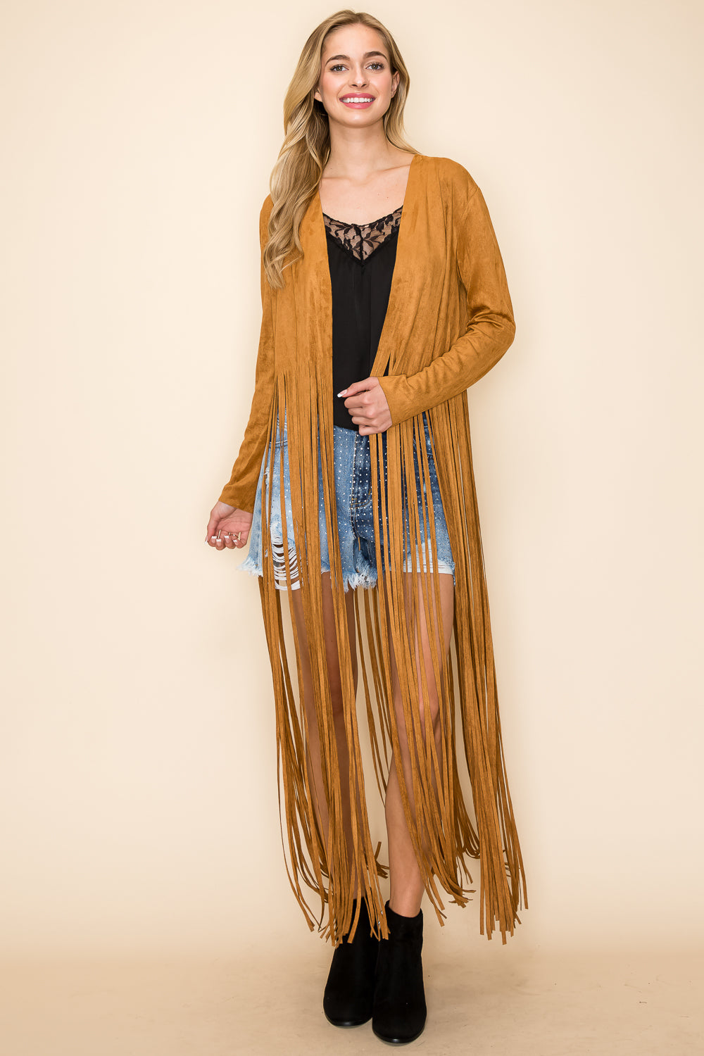 Camel Suede Knit Long Fringe Jacket