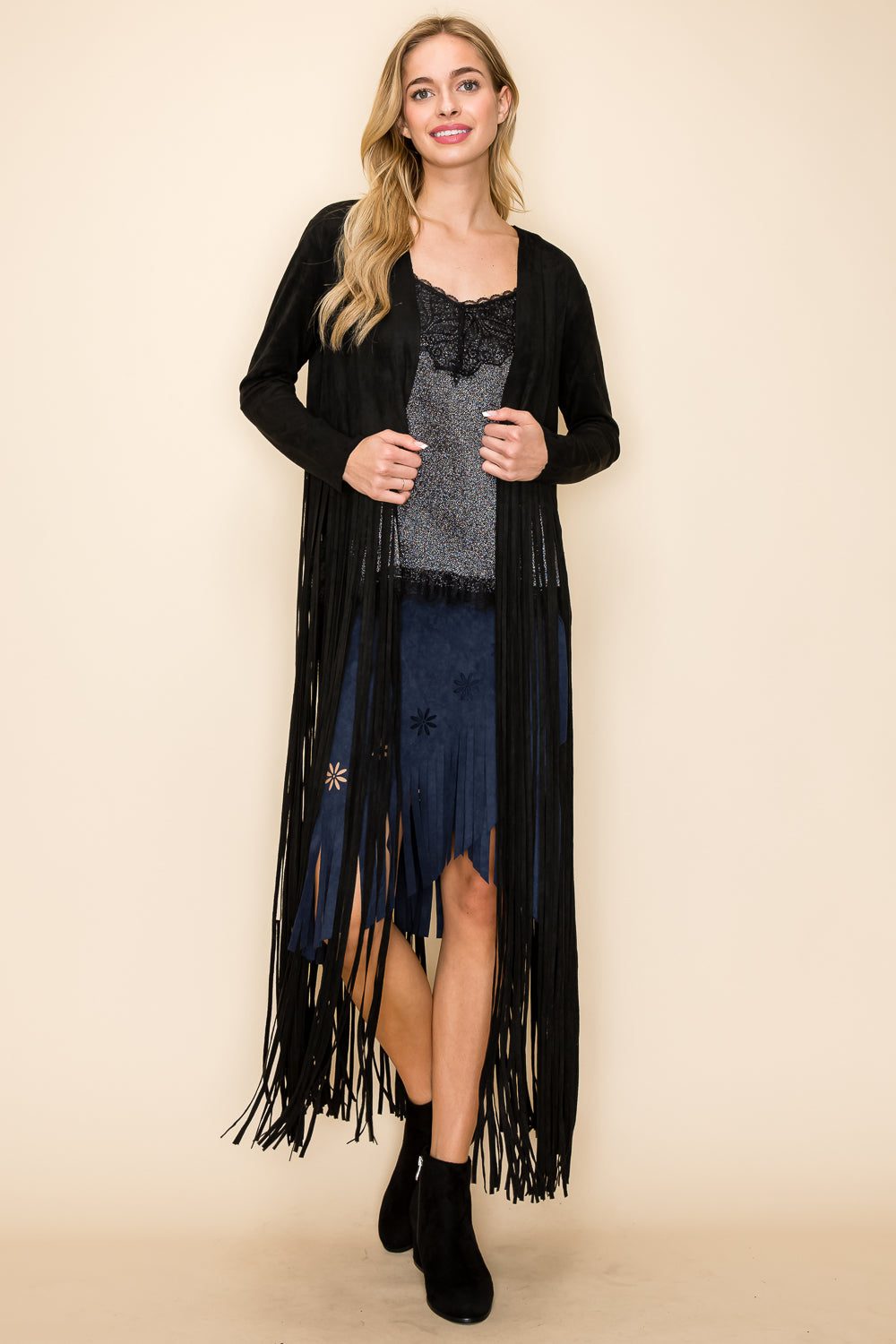 Black Suede Fringe Duster Jacket