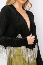 Black Crystal Fringe Suede Jacket