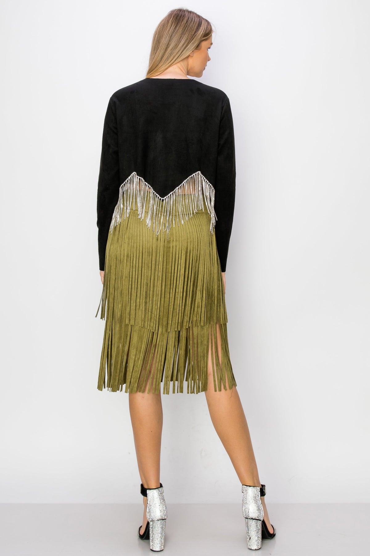 Black Crystal Fringe Suede Jacket