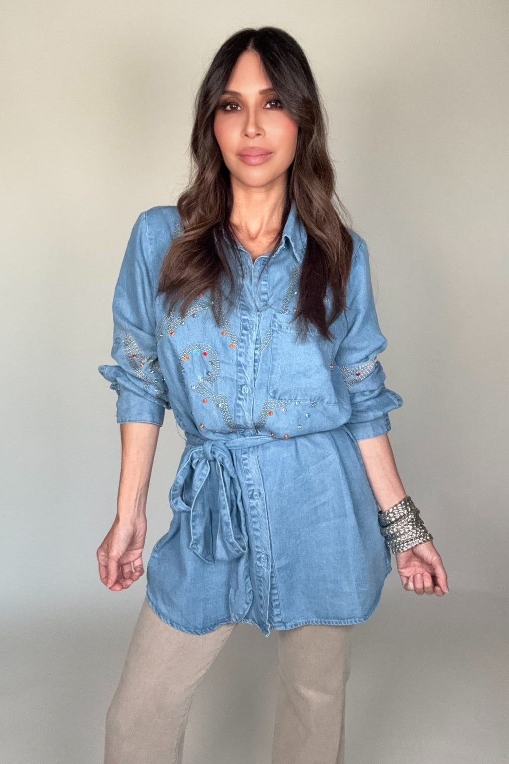 Blue B Denim Tencel Embroidered Studded Tunic