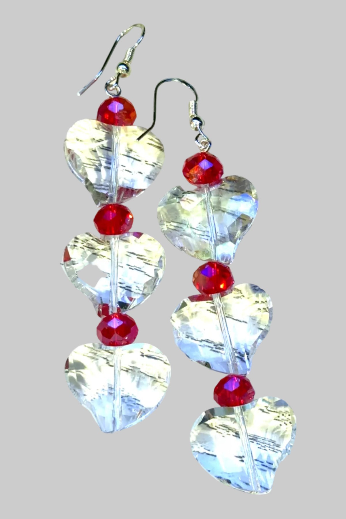 Clear Red Heart Drop Earrings