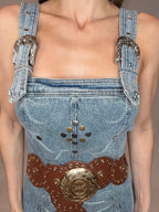 Blue B Medium Wash Studded Western Buckle Stretch Denim Dress