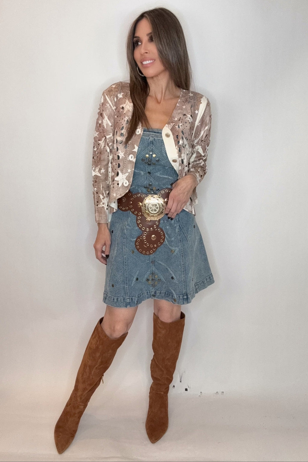 Blue B Medium Wash Studded Western Buckle Stretch Denim Dress