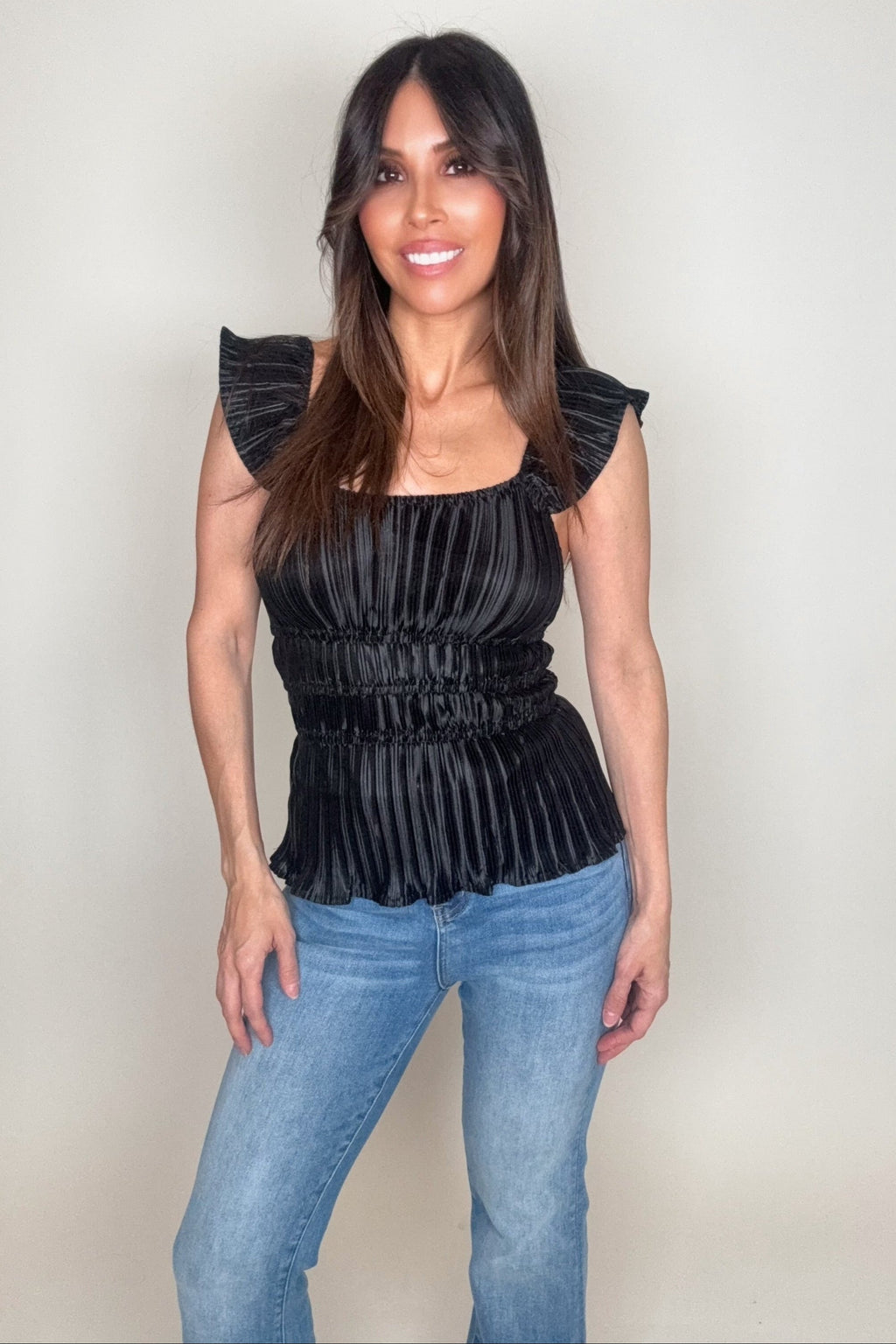 Black Ruffle Strap Pleated Top