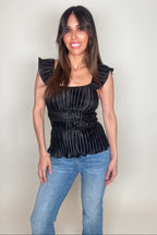 Black Ruffle Strap Pleated Top