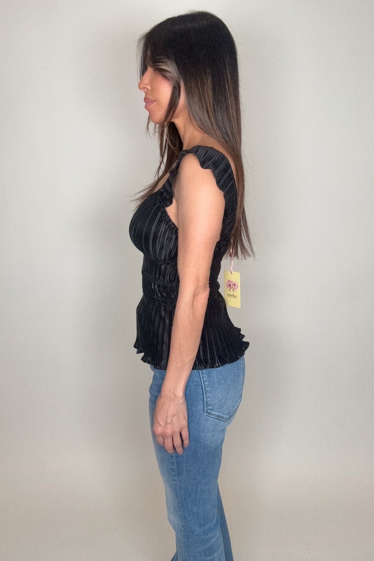 Black Ruffle Strap Pleated Top
