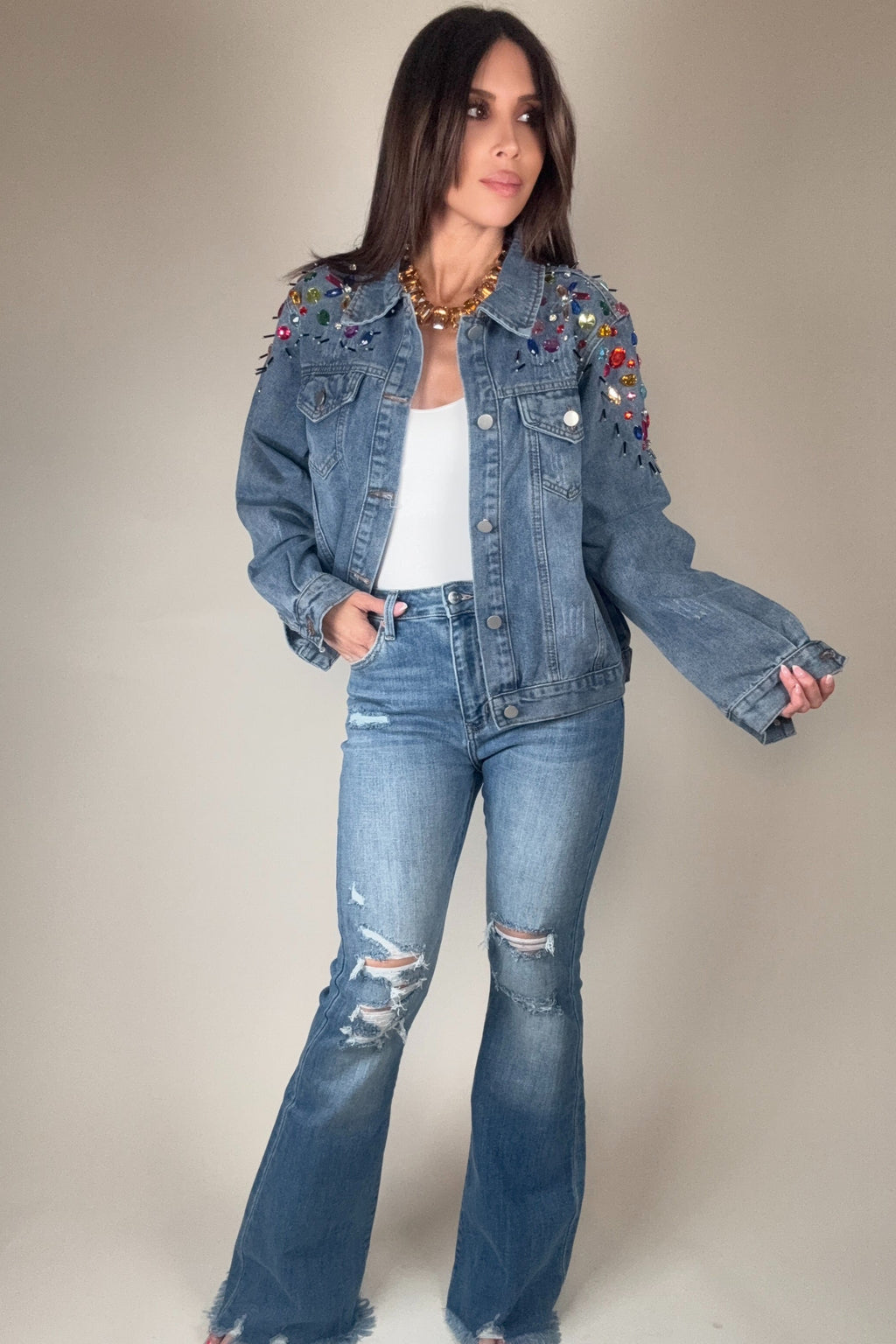 Artemis Vintage  High Rise Distressed Stretch Flare Jeans