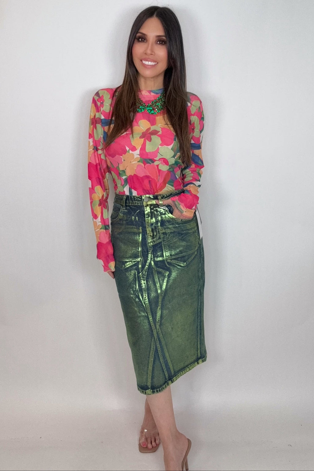 Clara Green Denim Foil Coated Midi Skirt