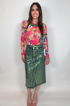 Clara Green Denim Foil Coated Midi Skirt
