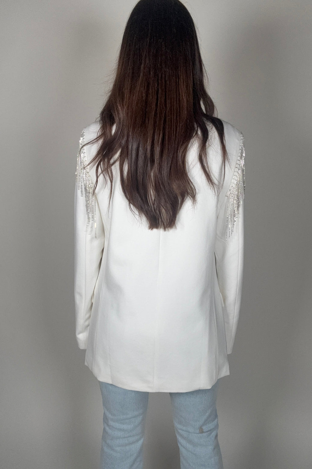 Blue B White Boyfriend Rhinestone Fringe Blazer