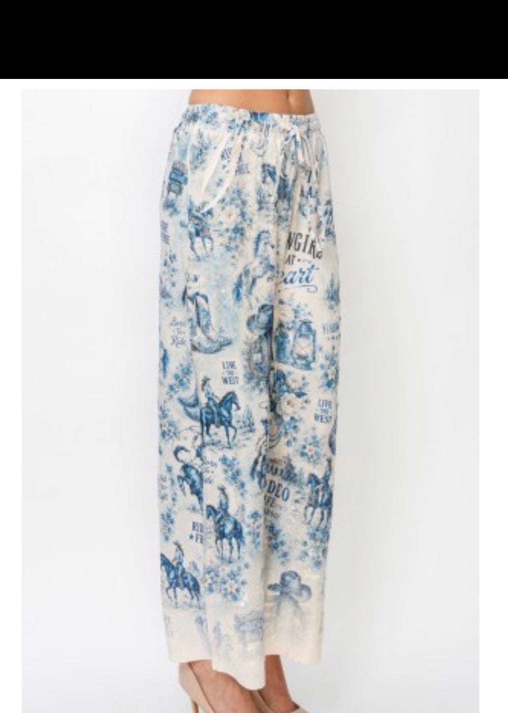 Blue Cowgirl Print Wide Leg Pants