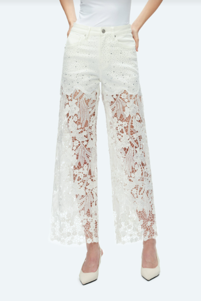 Bayeas White High Rise Wide Leg Lace Embellished Jeans