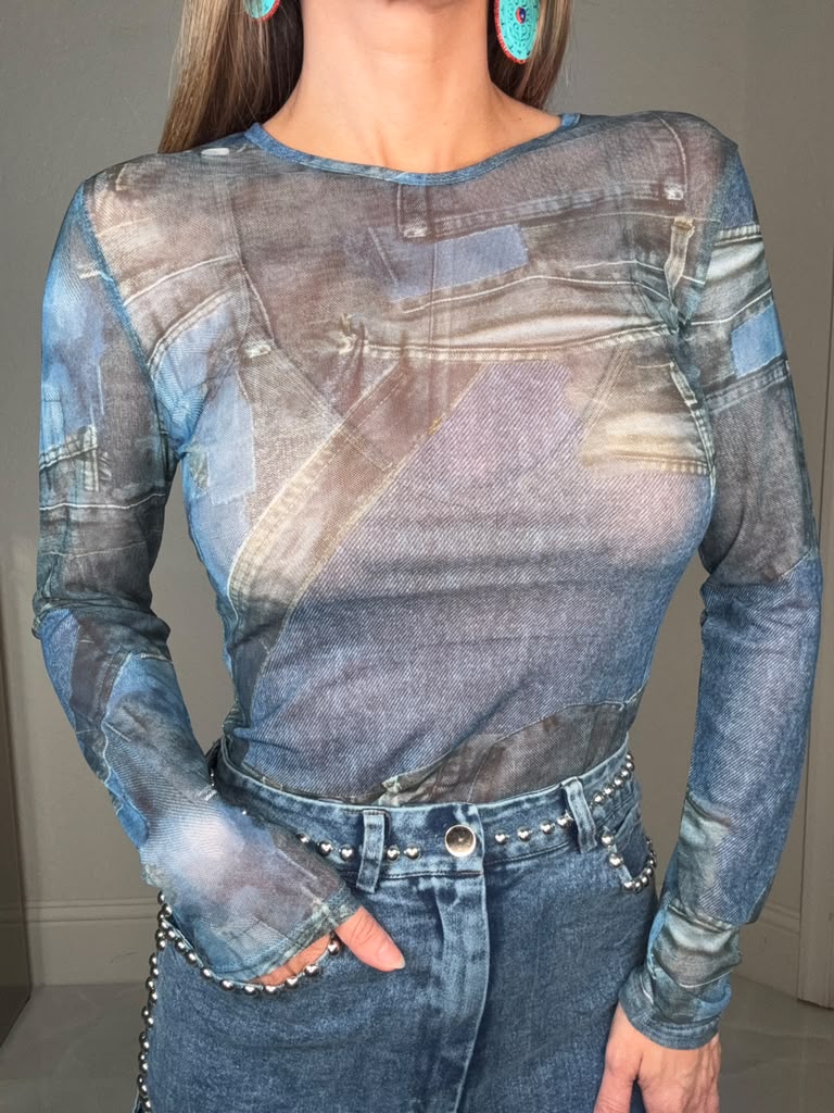 Blue Denim Print Mesh Long Sleeve Top