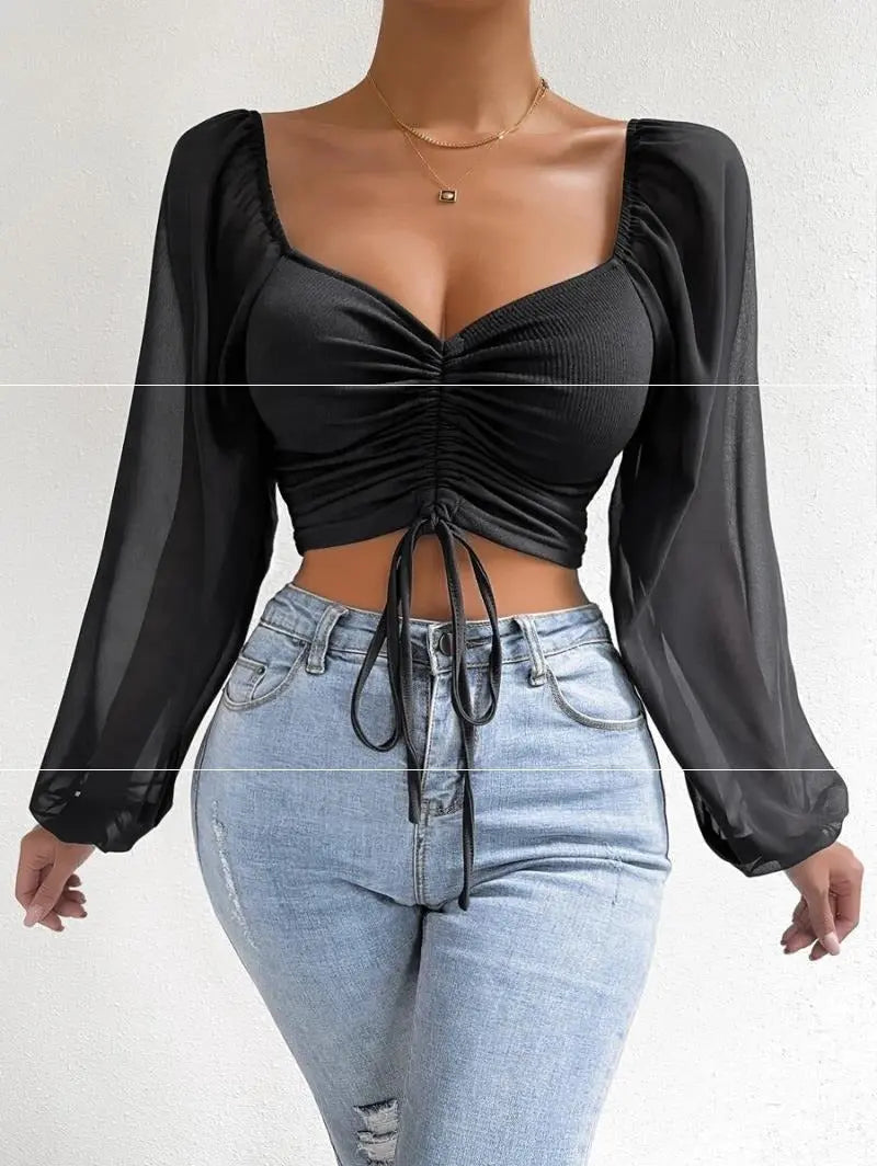 Lunara V-Neck Crop Top – Drawstring Detail, Breathable Fabric | Black, Apricot | S–XL