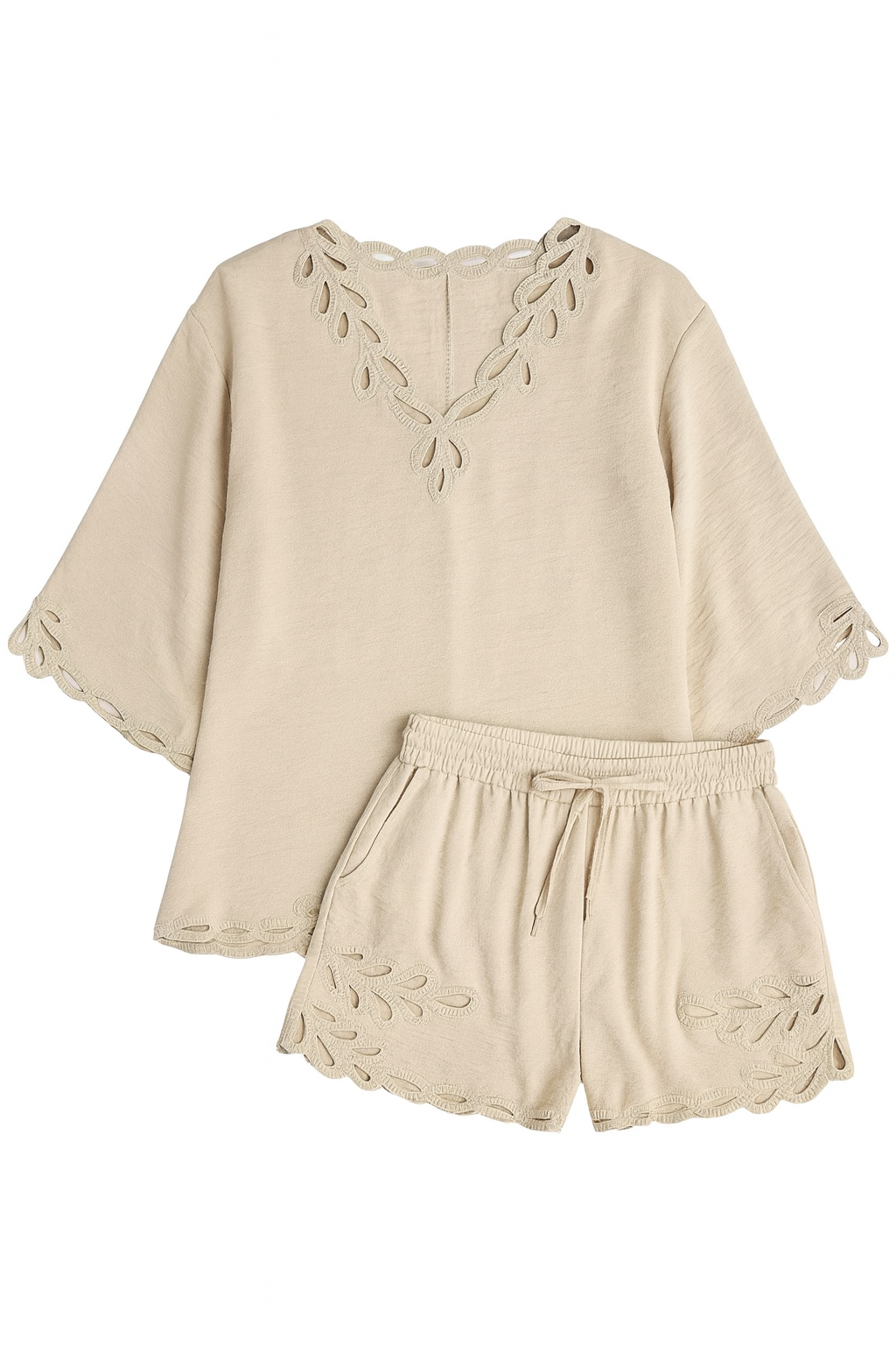 Beige Scallop Detail Top and Shorts Set