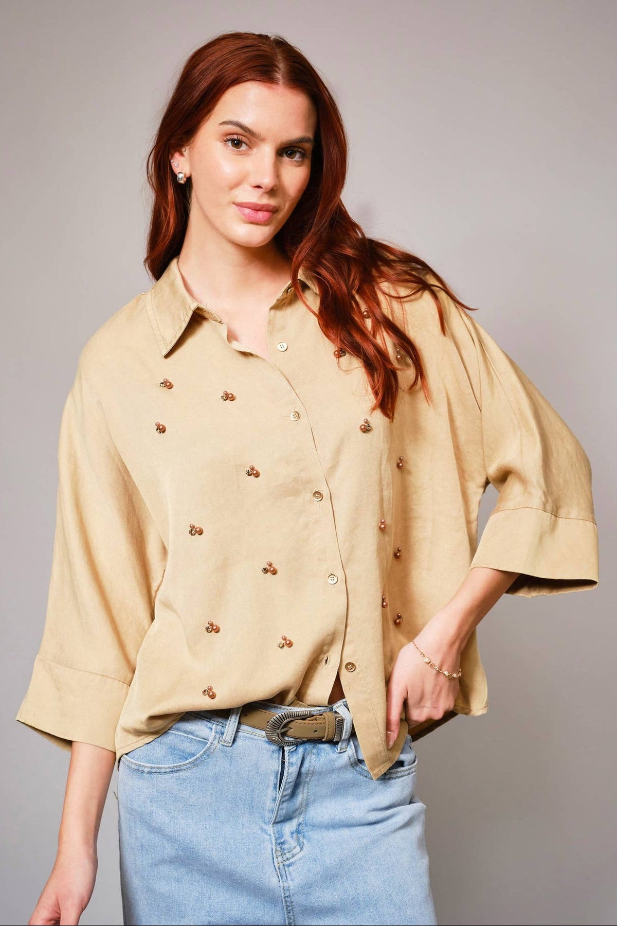 Blue B Hi-Low Pearl Embellished Chambray Top