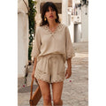 Beige Scallop Detail Top and Shorts Set