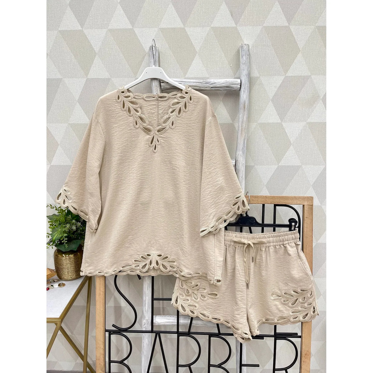 Beige Scallop Detail Top and Shorts Set