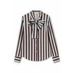 Brown Sky Blue Vertical Stripe Pussy Bow Button Down Long Sleeve One Size Blouse