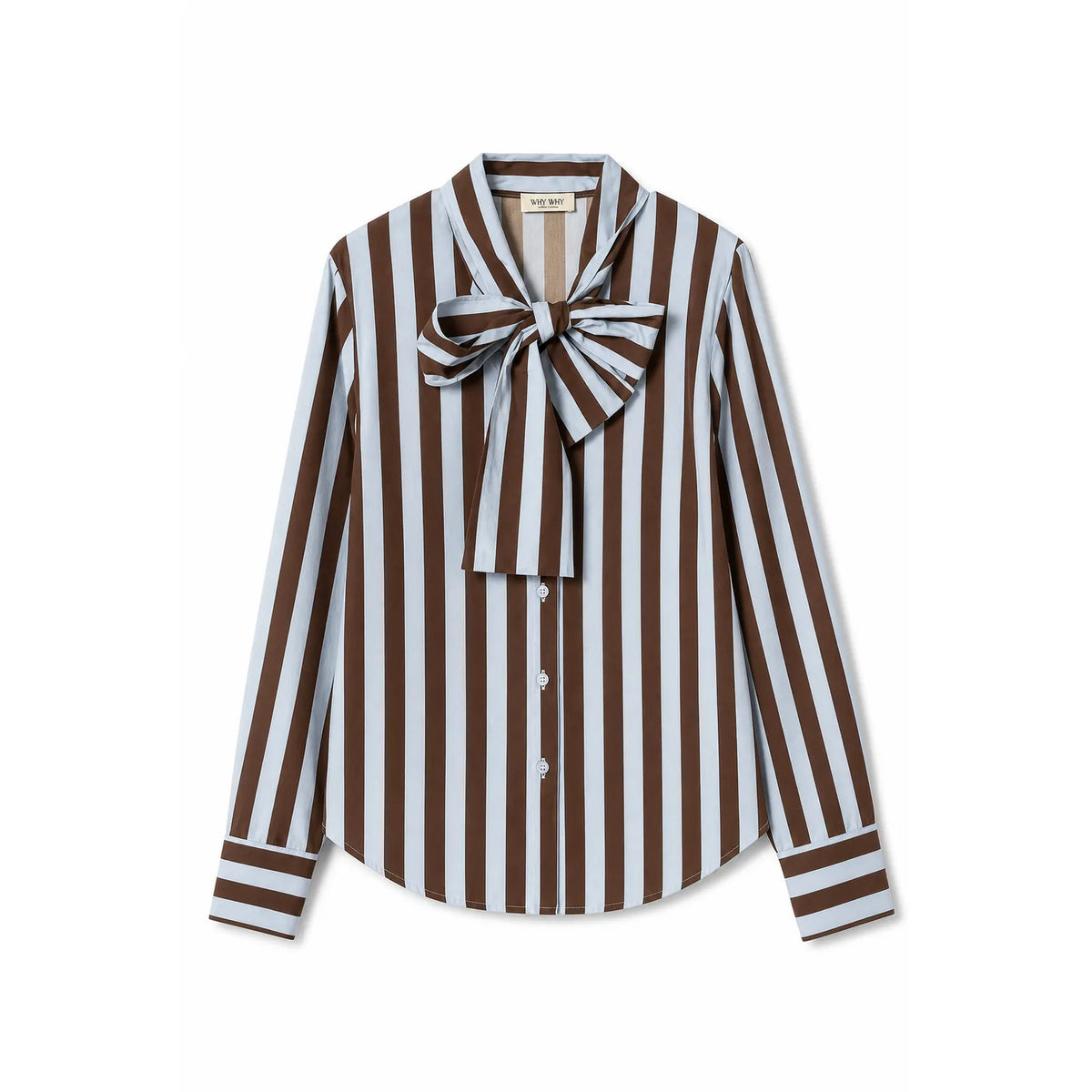 Brown Sky Blue Vertical Stripe Pussy Bow Button Down Long Sleeve One Size Blouse