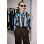 Brown Sky Blue Vertical Stripe Pussy Bow Button Down Long Sleeve One Size Blouse