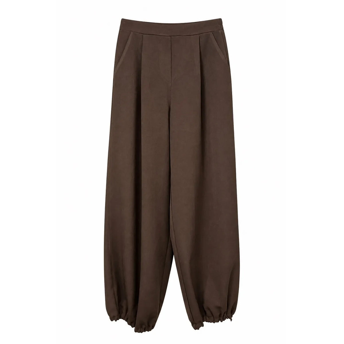 Brown High Waist Pleated Balloon Leg Tapered One Size Jogger Pants