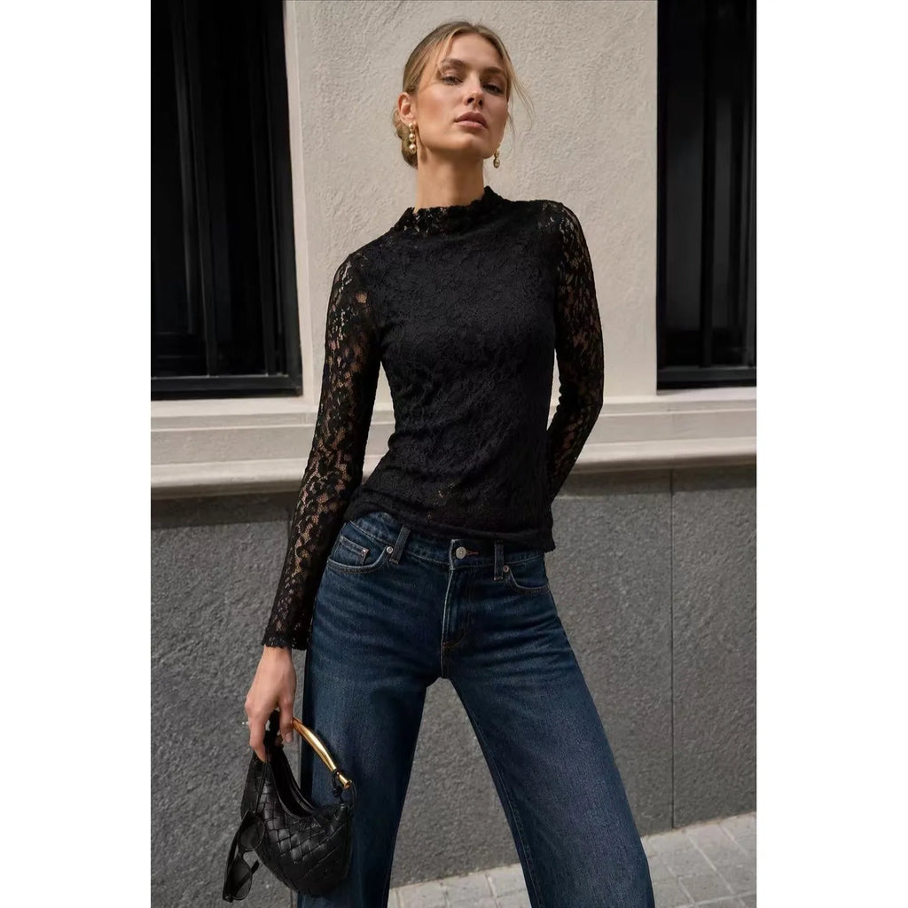 Black Floral Lace Mock Neck Long Sleeve Ruched Hem One Size Top