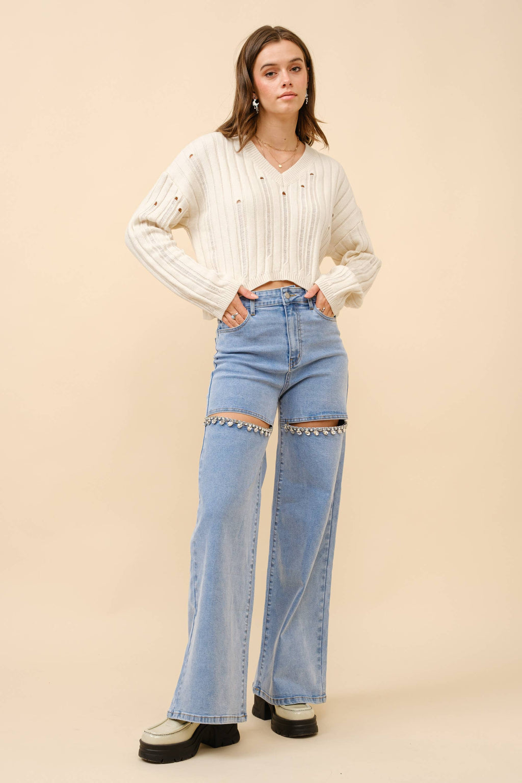 Blue B Mid Rise Crystal Slit Bottom Denim Jeans