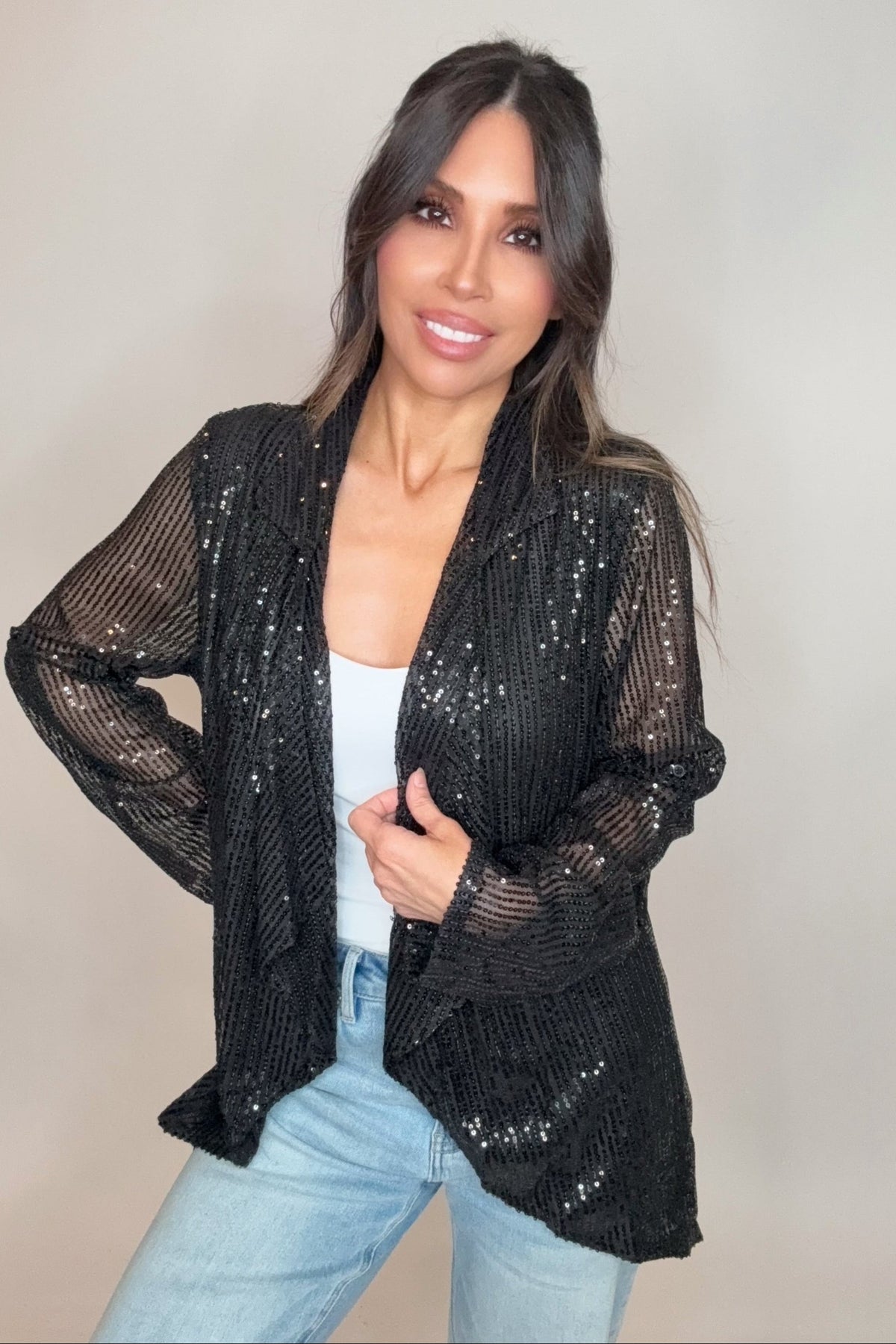 Black Sequin Draped Collar Jacket