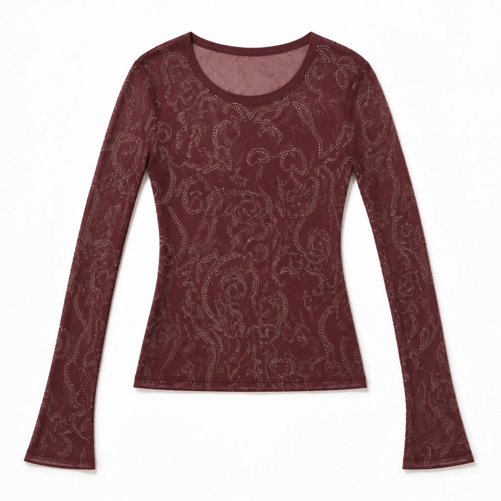 Burgundy Embellished Mesh Long Sleeve Top