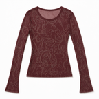 Burgundy Embellished Mesh Long Sleeve Top