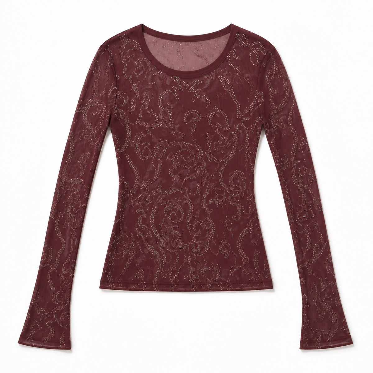 Burgundy Embellished Mesh Long Sleeve Top