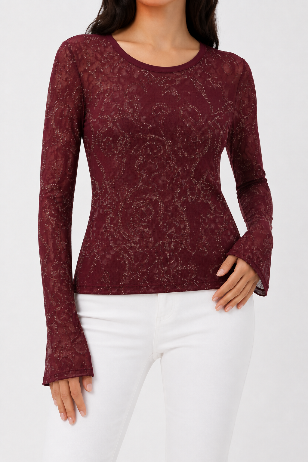 Burgundy Embellished Mesh Long Sleeve Top