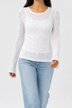 Bright White Embellished Mesh Long Sleeve Top