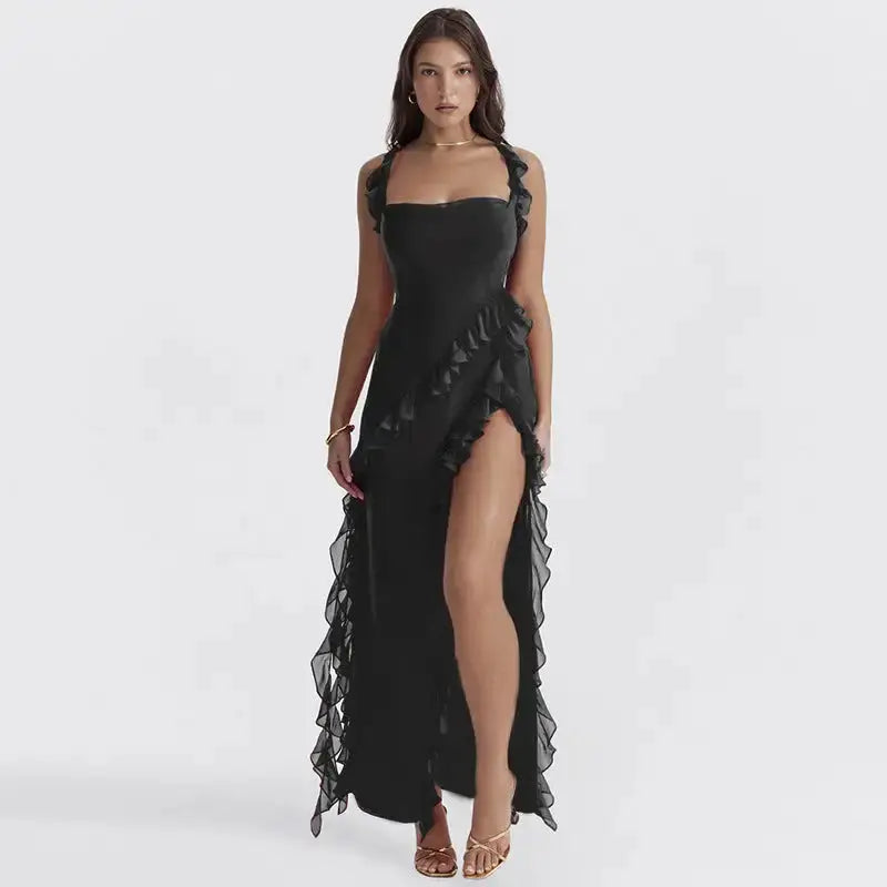 Lunara Aurora Elegant Maxi Dress – Lace Accents, Embroidery, Flowing Silhouette | Black | XS–XL