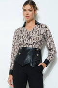 Animal Print Faux leather Detail Peplum Top